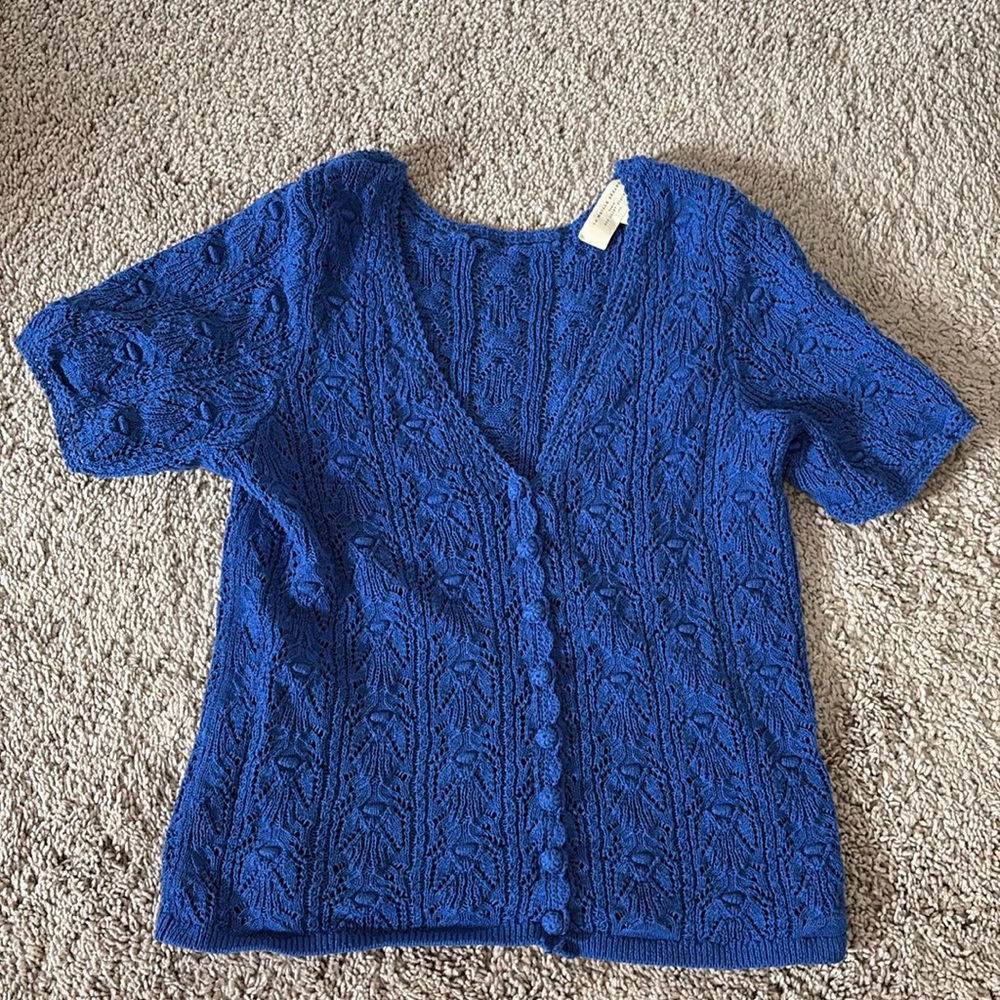 Sezane Cobalt Blue Knit Button-Front Short Sleeve Top - Picture 2 of 5
